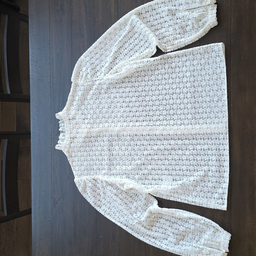 Sezane Cathy Ecru Lace Blouse Ruffle Stand Collar Cream Long Sleeve Button Down - Picture 8 of 11